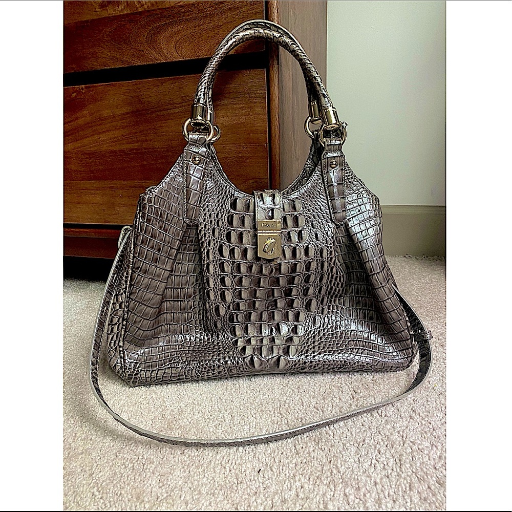 BRAHMIN Celia Crocodile-Embossed Leather Shoulder Bag, pewter w/ gold hardware